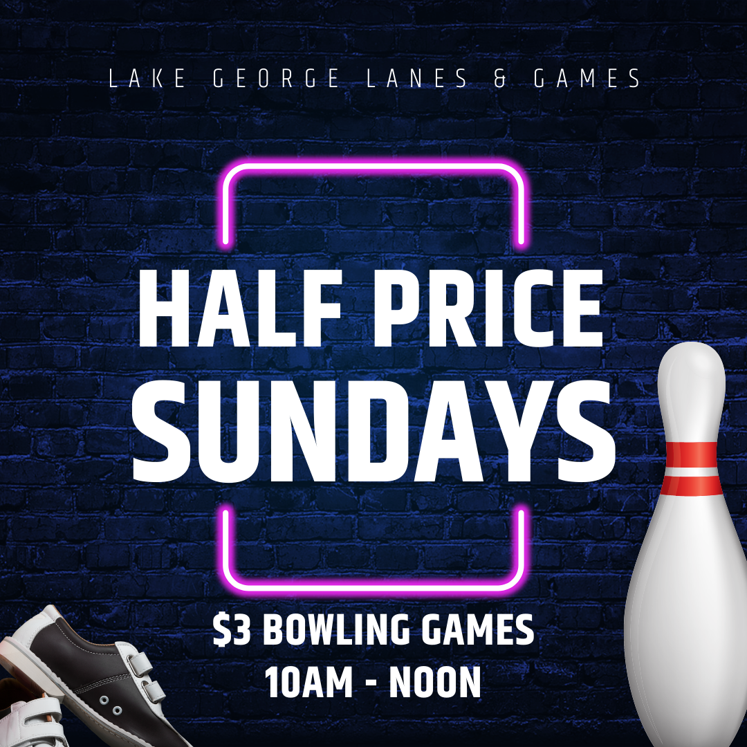 black brick background with pink neon rectangle light. Half price sunday special. 10 am - noon every sunday. $3 games of bowling.
